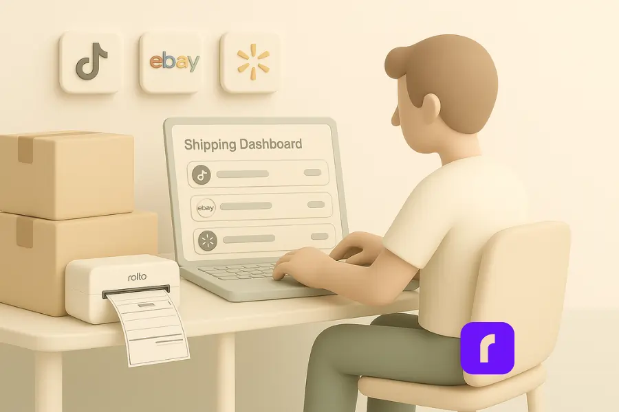 A 3D-rendered minimalist illustration of a solo online seller managing multiple sales channels from a unified shipping dashboard. The seller sits at a clean desk using a laptop, which displays connected platforms like TikTok, eBay, and Walmart. Nearby, stacked cardboard boxes and a Rollo wireless printer emphasize shipping readiness. The calm workspace, soft pastel color palette, and modern rounded shapes convey automation, organization, and simplicity that free shipping platforms should have.